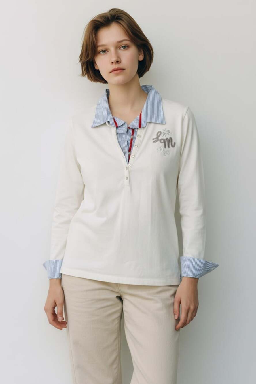 La Martina Women's White Long Sleeve Polo Shirt with Striped Faux-Layer Collar.